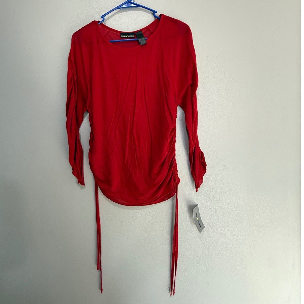 DKNY Jeans Women's Red Ruched‎ Cinched Waist Long Sleeve Top XL